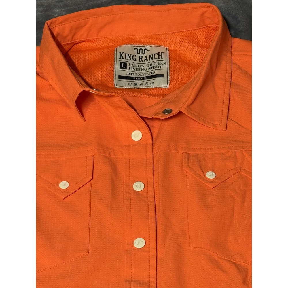 King Ranch Shirt Womens L Orange Western Fishing Snap Front Long Sleeve Sawtooth - Picture 2 of 11